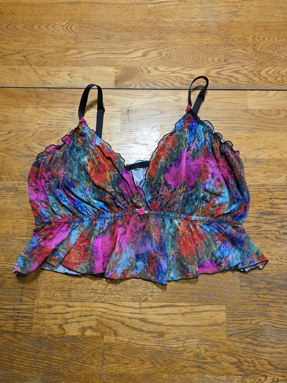 Multicolor Abstract Mesh Ruffle Flowy Festival Wireless Pullover Bra Top